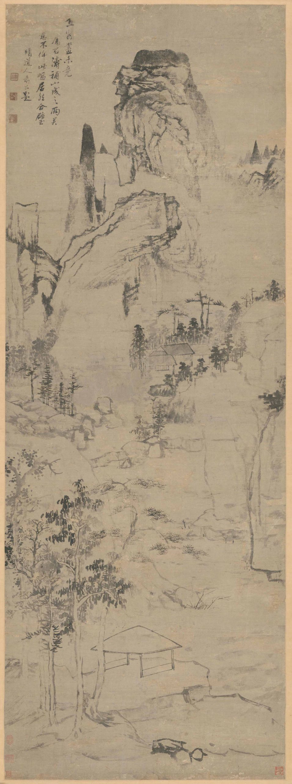 查士标、石涛合画山水图轴