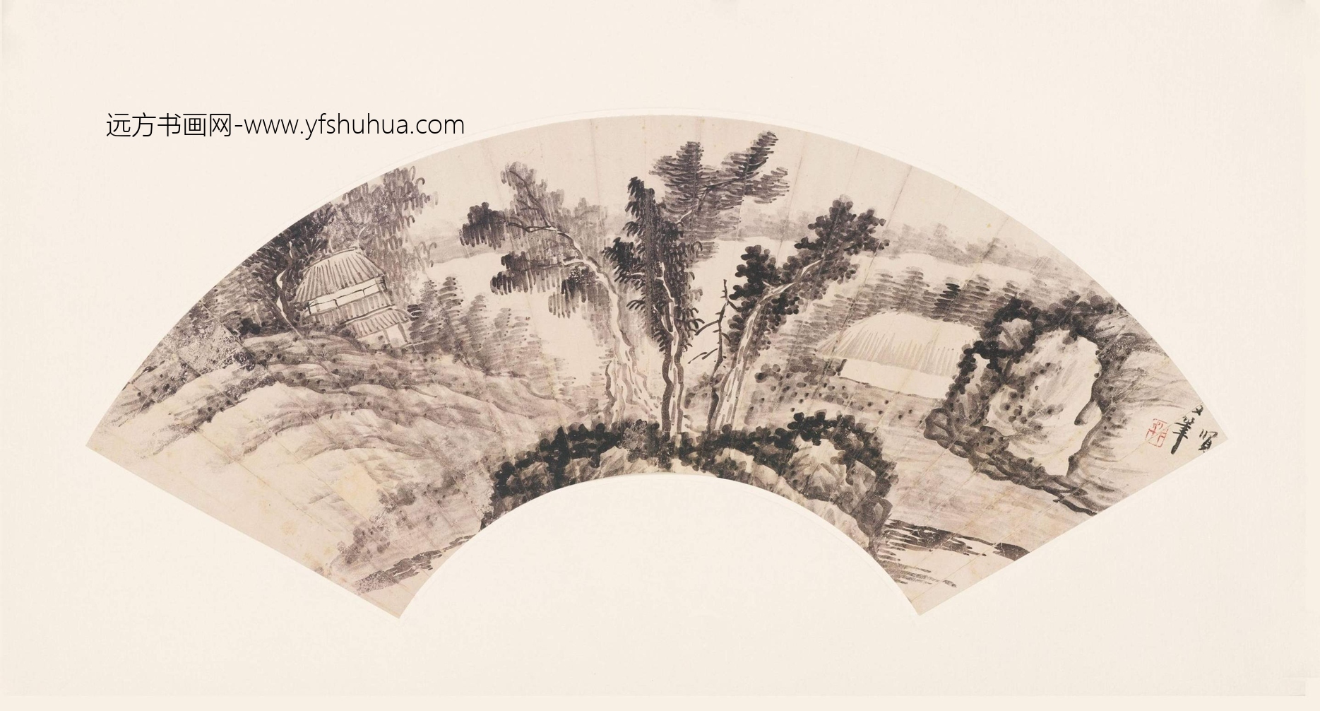 清朝代【龚贤】《山水扇面-3》台北二玄社TIF高清大图中国画古画素材 