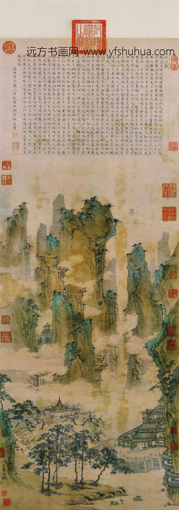 明 仇英 仙山楼阁图轴纸本118x41.5台北故宫 拷贝