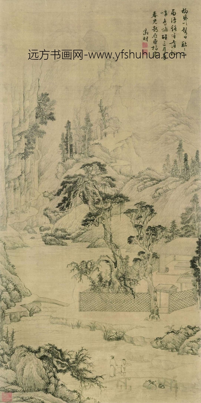 明 文徵明 携琴访友图（立轴）绢本80X40