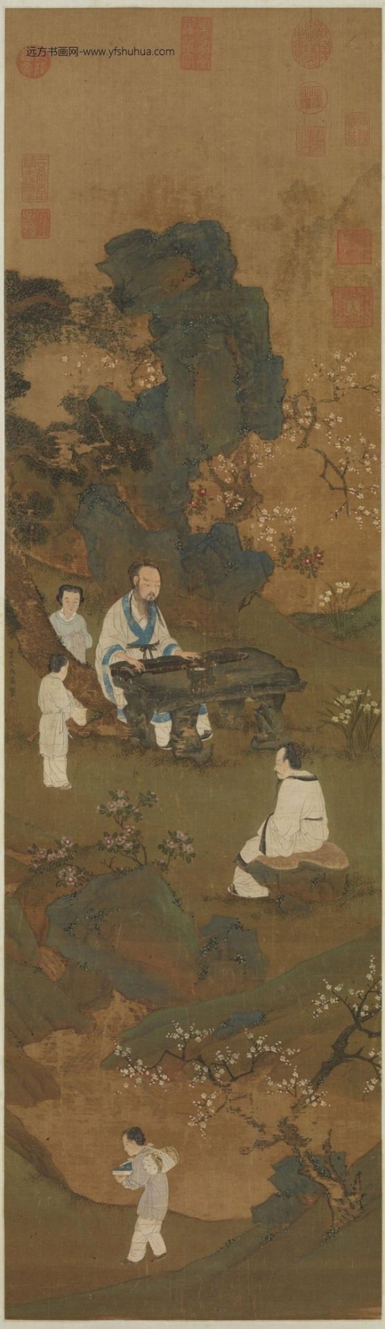 明_仇英_梅石抚琴图