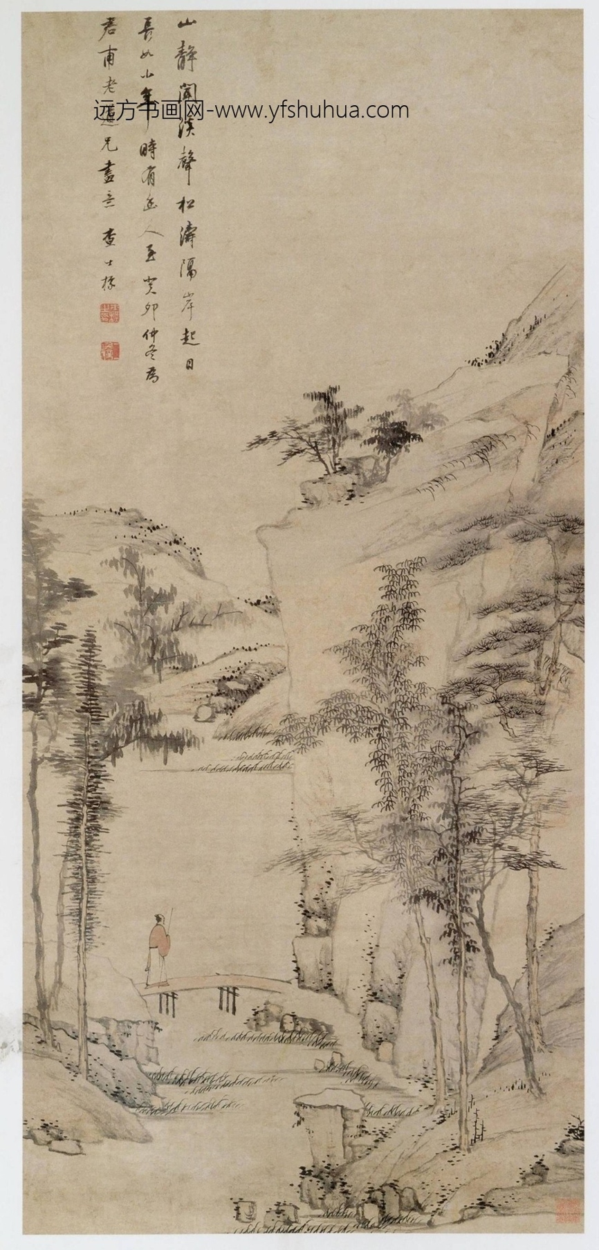 清_查士标_曳杖过桥图 清_查士标_曳杖过桥图