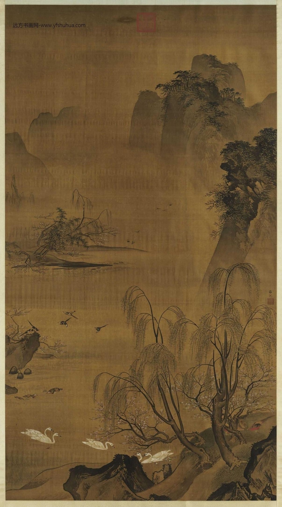 明_吕纪_柳塘禽集图