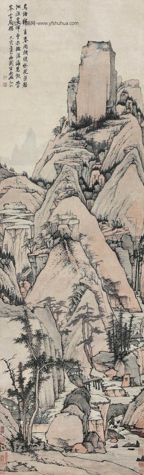 清_弘仁_西园坐雨图