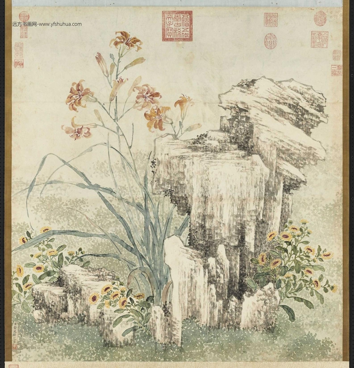 清_金廷标_蘐花寿石轴