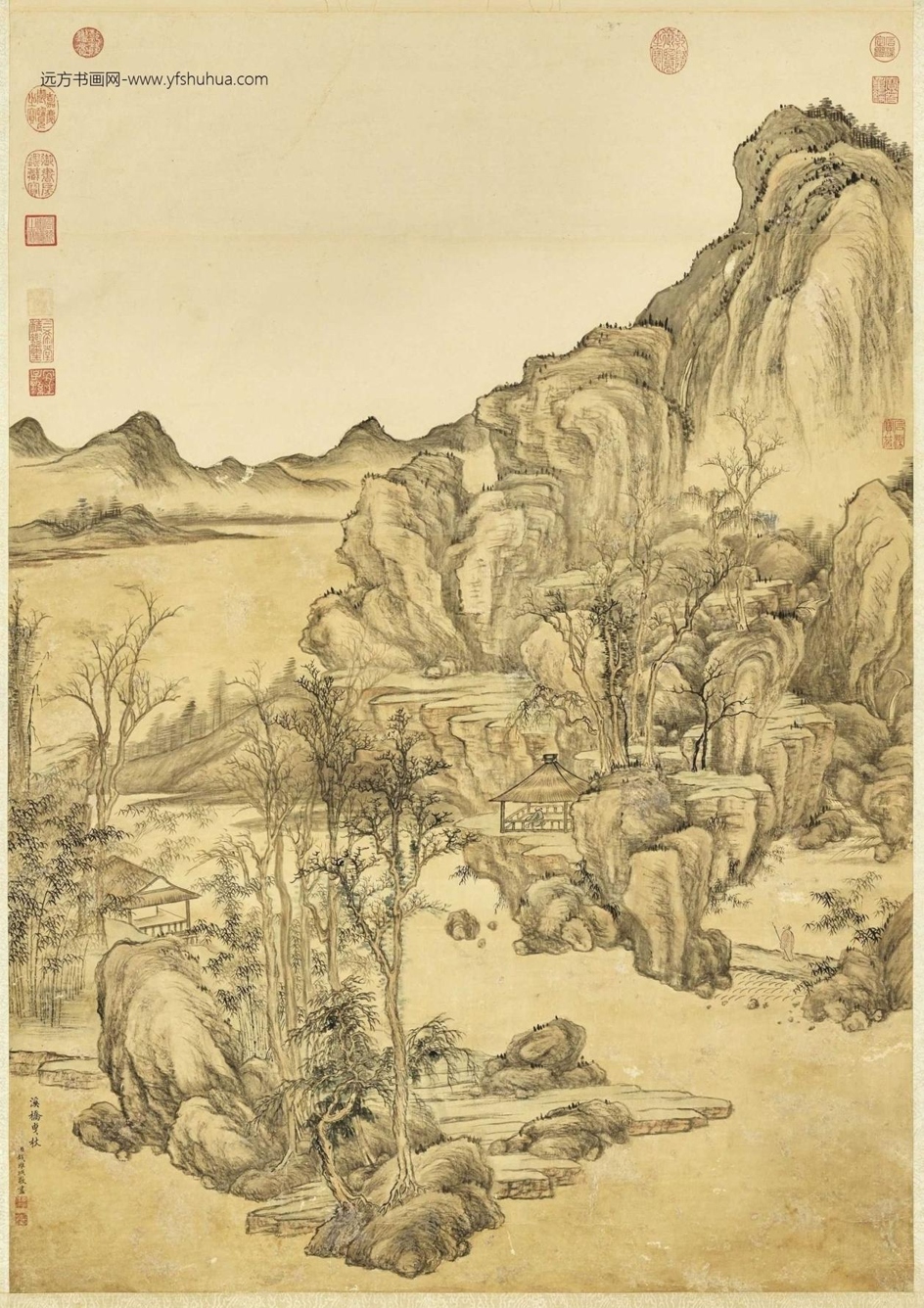 清_钱维城_溪桥曳杖图