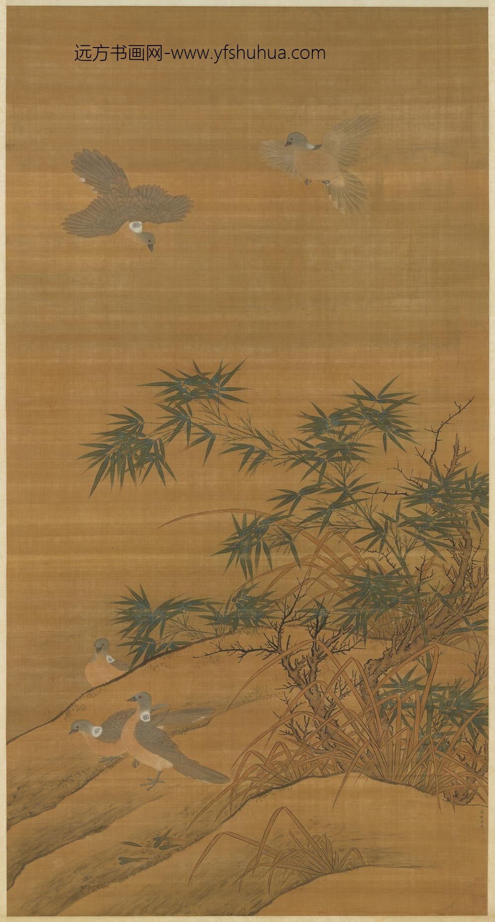 __五代后蜀黄筌竹林鹁鸽图.轴故画__KANPAA __五代后蜀黄筌竹林鹁鸽图.轴故画__KANPAA