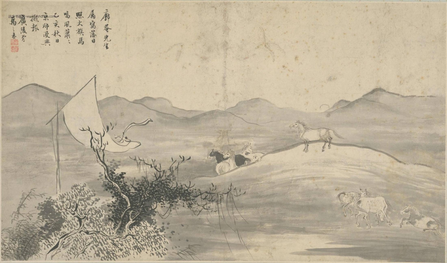 清-禹之鼎落日马鸣图横轴-新00059933