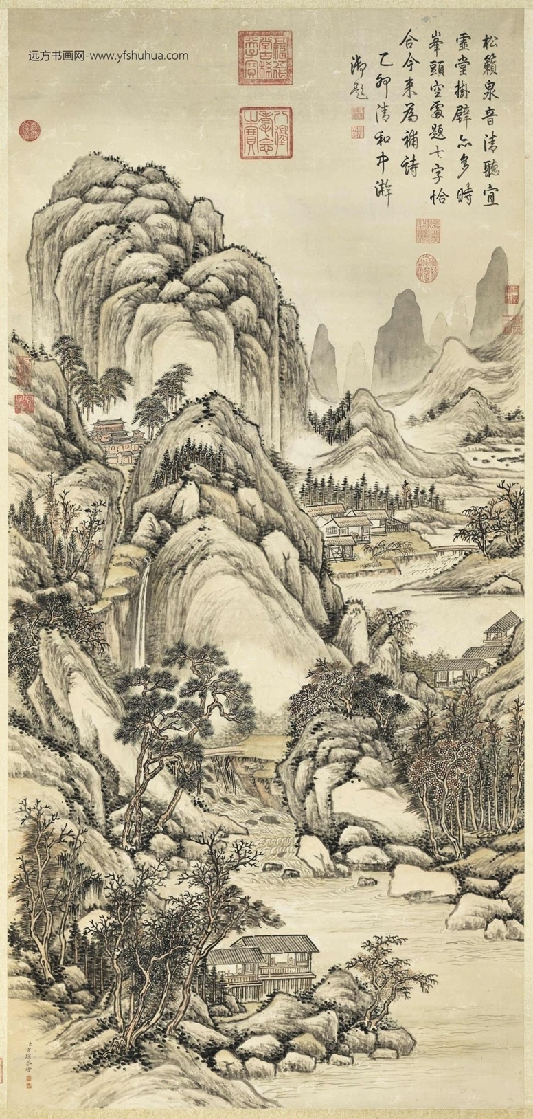 清_方琮_松阁听泉图轴
