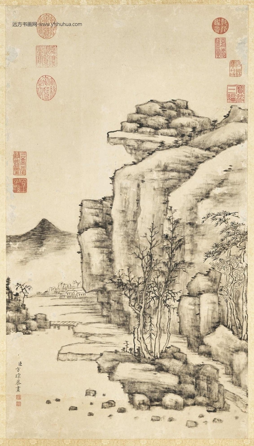 清_方琮_石壁秋林图