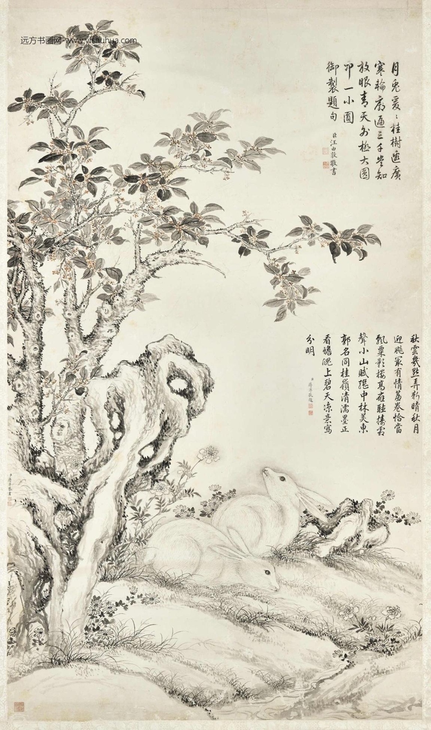 清_蒋溥_桂花双兔图