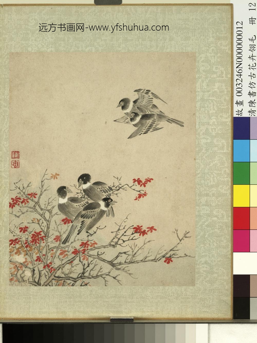 清陈书仿古花卉翎毛册-枫树寒鸦 清陈书仿古花卉翎毛册-枫树寒鸦