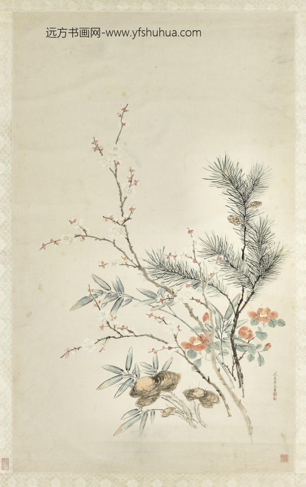 清沈庆兰松芝梅竹轴 清沈庆兰松芝梅竹轴