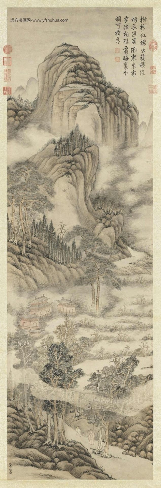 清高宗御题山寺朝岚图轴