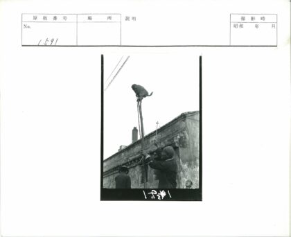 人举竹竿猴栖建筑旁观.jpg
