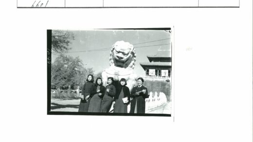 传统建筑前女子与石狮雕像.jpg
