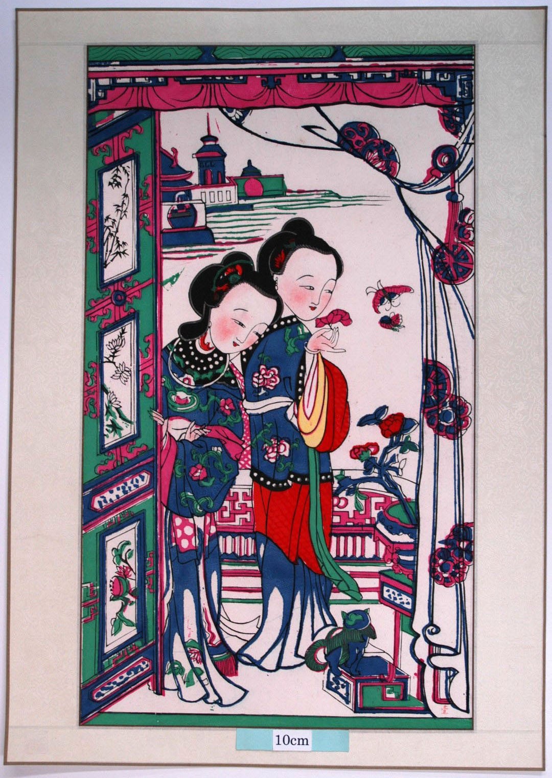 _桃花塢_双美人_蝶, 梅花, 牡丹, 衣服, 菊花, 蔓, 桃, 花瓶, 美人, 竹, 猫, 扉