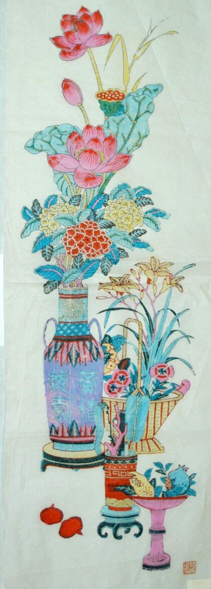 楊家埠 博古四季花 芭蕉扇 牡丹 寿字 蓮花 蓮実 蘭 霊芝 ザクロ 編みかご 木犀 蓮葉 仏手柑 花瓶 桂花 書画 軸 珊瑚 木蓮 石榴.jpg