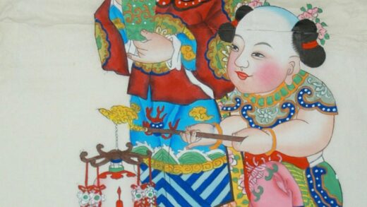 楊柳青 五穀豊登 子 梅花 如意 牡丹 衣服 波 木犀 花瓶 桂花 宝珠 髪 提灯 冠 瑞雲 火輪 五穀 雲 肩掛け.jpg