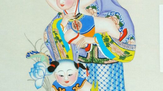 楊柳青 仕女戯嬰図、富貴寿考 子 髪飾り 首飾り 牡丹 衣服 菊花 蓮花 ザクロ 木犀 笙 蓮葉 美人 母 桂花 金銭 石榴.jpg