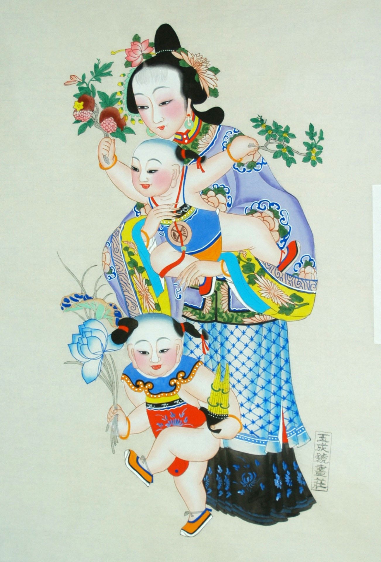 _楊柳青_仕女戯嬰図、富貴寿考_子, 髪飾り, 首飾り, 牡丹, 衣服, 菊花, 蓮花, ザクロ, 木犀, 笙, 蓮葉, 美人, 母, 桂花, 金銭, 石榴