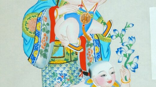 楊柳青 仕女戯嬰図、富貴寿考 子 髪飾り 首飾り 芭蕉葉 牡丹 衣服 菊花 木犀 美人 母 桂花 金銭 木蓮.jpg