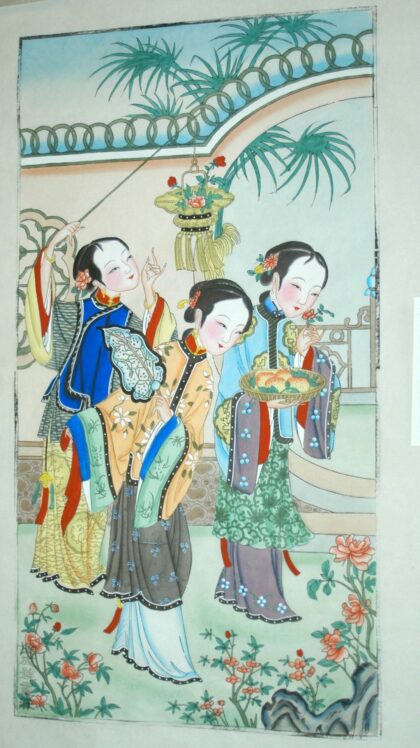 楊柳青 仕女遊春図 梅花 髪飾り 牡丹 衣服 菊花 蔓 花提灯 石 編みかご 木犀 団扇 岩 美人 桂花 葉 蜜柑 宮女 仕女 侍女 薔薇 木 木蓮.jpg