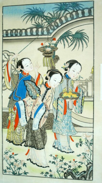 楊柳青 仕女遊春図 梅花 髪飾り 牡丹 衣服 菊花 蔓 花提灯 石 編みかご 木犀 団扇 岩 美人 桂花 葉 蜜柑 宮女 仕女 侍女 薔薇 木 木蓮.jpg