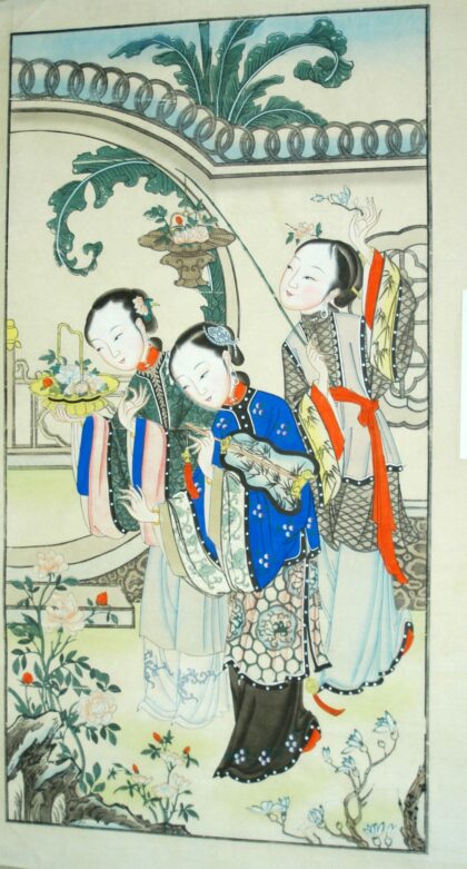 楊柳青 仕女遊春図 髪飾り 牡丹 衣服 菊花 蔓 花提灯 木犀 団扇 岩 美人 桂花 竹 梅 蜜柑 宮女 仕女 侍女 薔薇 木蓮.jpg