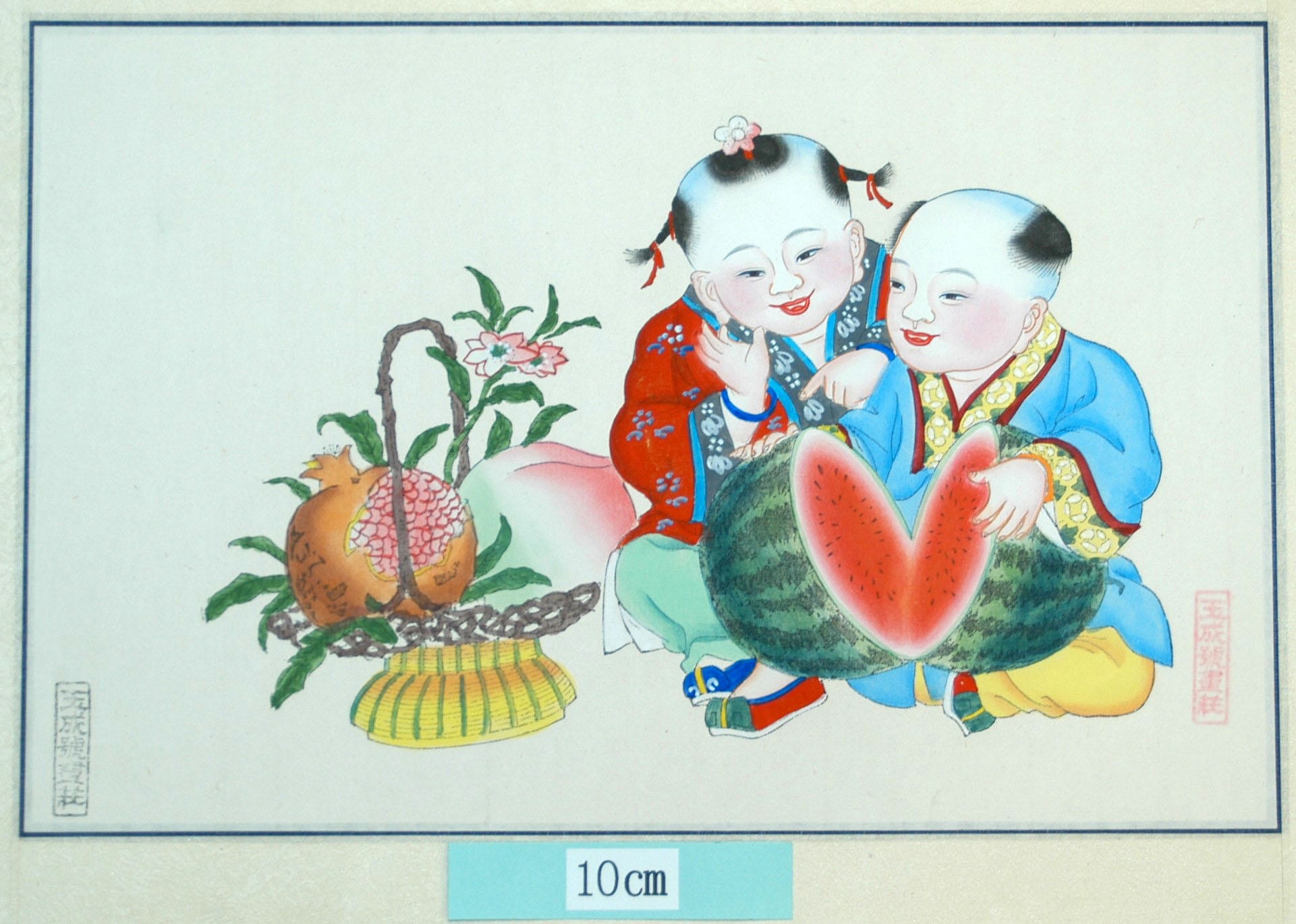 _楊柳青_分瓜露子_髪飾り, 西瓜, 種子, ザクロ, 石榴花, 桃, 編みかご, 木犀, 桂花, 石榴