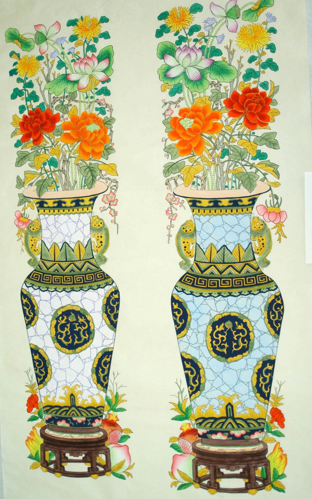 _楊柳青_四季花瓶_梅花, 牡丹, 菊花, 蓮花, ザクロ, 桃, 仏手柑, 花瓶, 龍, 蓮蕾, 石榴