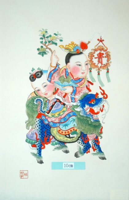 楊柳青 富貴童子 子 蝙蝠 髪飾り 首飾り 牡丹 衣服 木犀 書籍 桂花 金銭 冠 竹 麒麟 宝 貴.jpg
