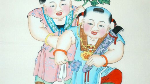楊柳青 富貴長春 子 首飾り 芭蕉葉 牡丹 衣服 鍵 花 木犀 桂花 宝珠 金銭 笏 笏袋 富貴長春.jpg