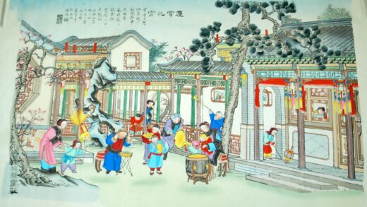 楊柳青 慶賞元宵 梅花 金魚 出目金 石 岩 提灯 駒 元宵節 松 太鼓 銅鑼 ラッパ.jpg