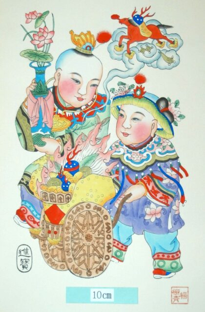 楊柳青 招財進宝 子 蝙蝠 髪飾り 首飾り 芭蕉葉 如意 牡丹 衣服 菊花 蓮花 鍵 花瓶 宝珠 冠 瑞雲 元宝銭 宝馬 角杯 方勝 宝車 肩掛け 車輪 進宝.jpg