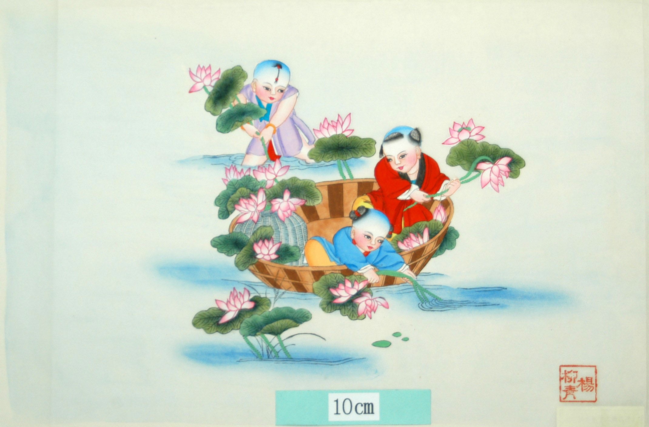_楊柳青_採蓮図_子, 蓮花, 編みかご, 池, 盥船