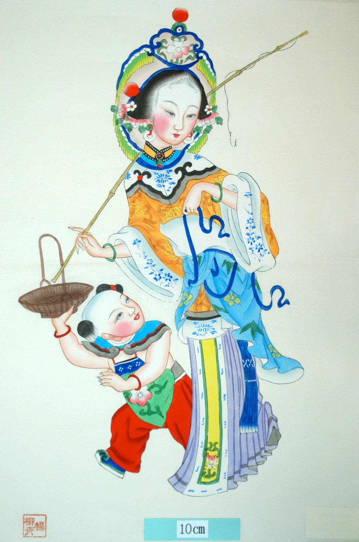 _楊柳青_漁婦_子, 髪飾り, 牡丹, 衣服, 蔓, 編みかご, 木犀, 前掛け, 美人, 桂花, 釣竿, 竹葉, 梅