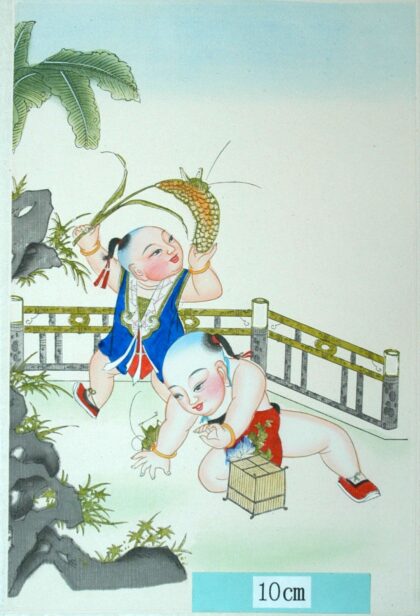 楊柳青 秋庭要戲 子 芭蕉葉 如意 牡丹 衣服 石 キリギリス 前掛け 稲穂 虫かご 岩.jpg