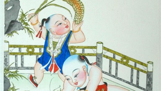 楊柳青 秋庭要戲 子 芭蕉葉 如意 牡丹 衣服 石 キリギリス 前掛け 稲穂 虫かご 岩.jpg