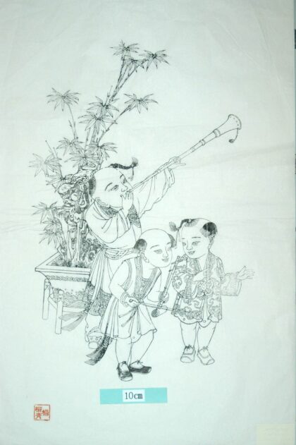 楊柳青 童楽図 子 首飾り 松葉 波 鍵 石 弦楽器 鉢 胡弓 管楽器 竹.jpg