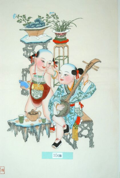 楊柳青 童楽図 子 首飾り 衣服 蔓 鍵 石 前掛け バラ 三線 弦楽器 急須 茶碗 茶壷 菊 鉢 葉.jpg
