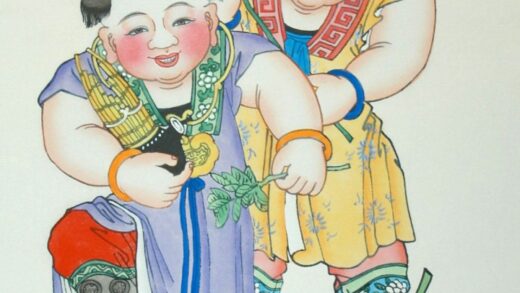 楊柳青 蓮生貴子 子 首飾り 芭蕉葉 衣服 蓮花 鍵 木犀 笙 桂花 金銭 富貴吉祥 槐 連生貴子.jpg