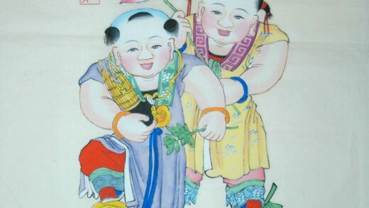 楊柳青 蓮生貴子 子 首飾り 芭蕉葉 衣服 蓮花 鍵 木犀 笙 桂花 金銭 富貴吉祥 槐 連生貴子.jpg