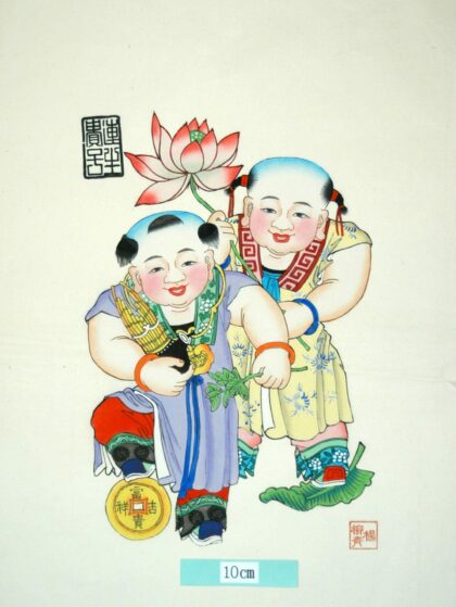 楊柳青 蓮生貴子 子 首飾り 芭蕉葉 衣服 蓮花 鍵 木犀 笙 桂花 金銭 富貴吉祥 槐 連生貴子.jpg