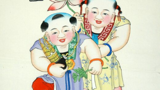 楊柳青 蓮生貴子 子 首飾り 芭蕉葉 衣服 蓮花 鍵 木犀 笙 桂花 金銭 富貴吉祥 槐 連生貴子.jpg