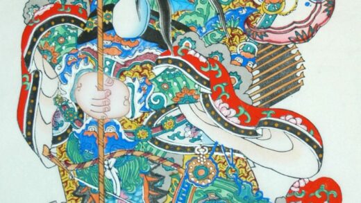 楊柳青 門神 秦瓊、叔宝 如意 蔓 花 秦瓊 秦叔宝 武門神 大錘 装束 鏡 龍 靴 弓 矢.jpg