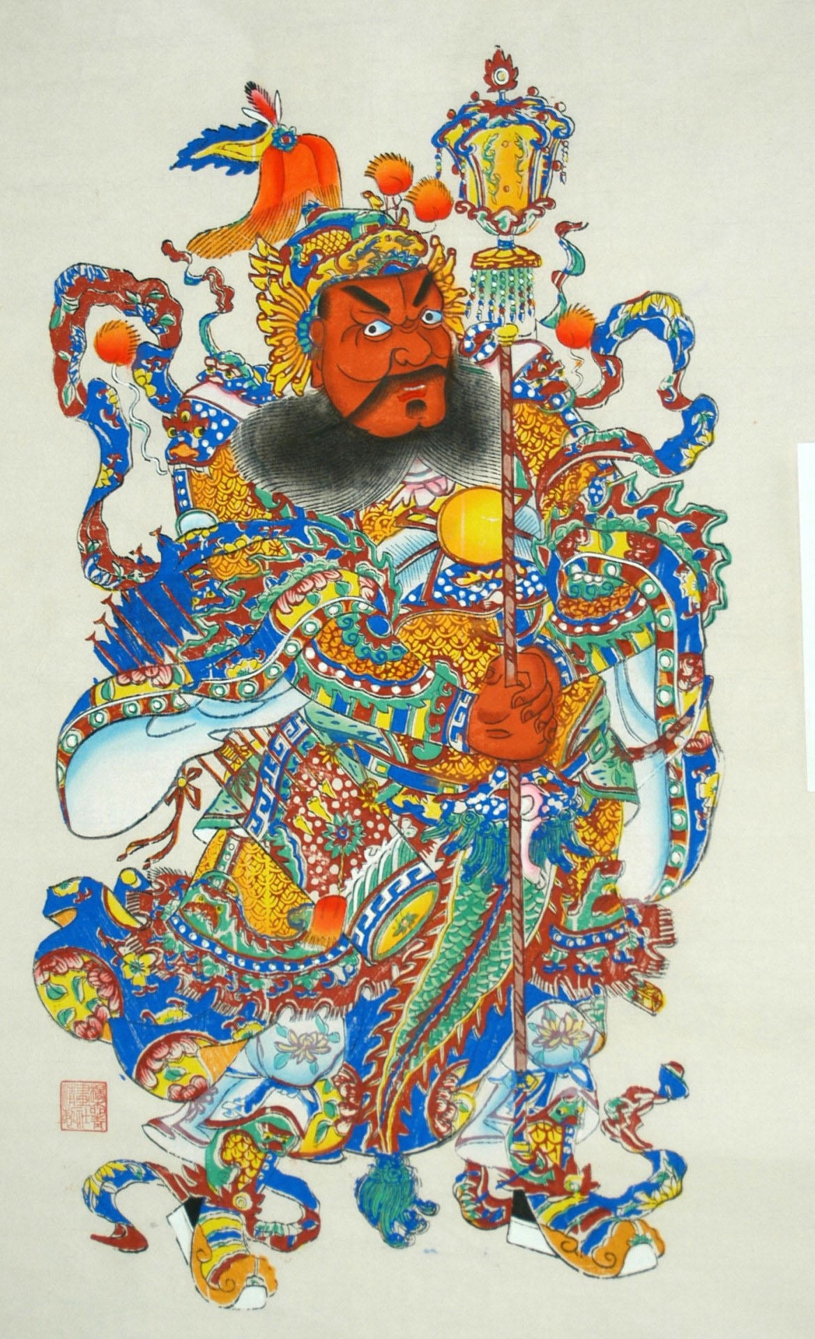 _楊柳青_門神、尉遅恭、敬徳_如意, 波, 蔓, 花, 武門神, 大錘, 装束, 鏡, 龍, 靴, 弓, 矢, 尉遅恭, 尉遅敬徳