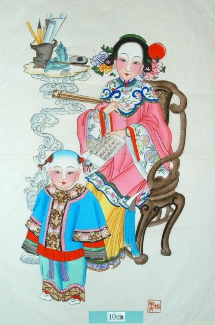 楊柳青 閨房教子 子 髪飾り 牡丹 衣服 木犀 筆 紙 筆立て 硯 墨 書籍 美人 母 桂花 朝顔.jpg