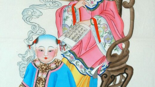 楊柳青 閨房教子 子 髪飾り 牡丹 衣服 木犀 筆 紙 筆立て 硯 墨 書籍 美人 母 桂花 朝顔.jpg