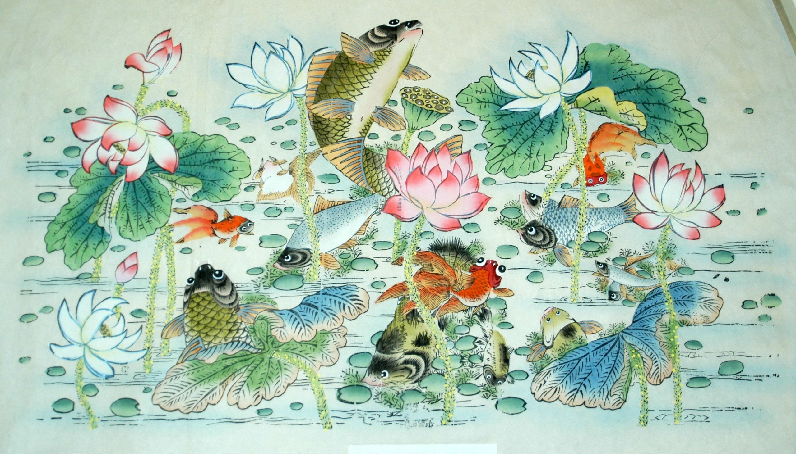 _楊柳青_魚躍于淵、金魚満堂_金魚, 蓮花, 蓮葉, 池, 蓮蕾, 鯉, 魚